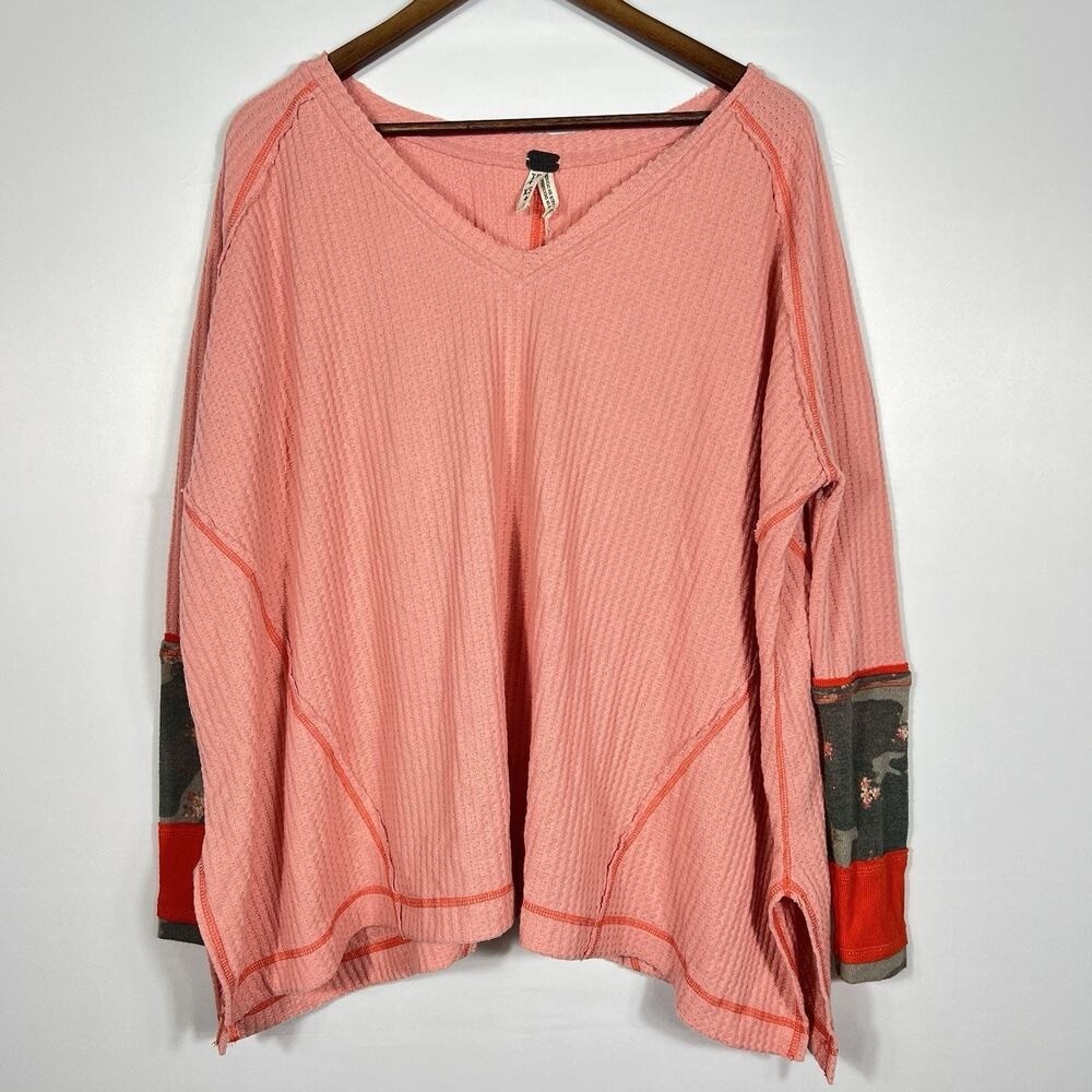 WE THE FREE Cozy thermal waffle knit leopard print cuff thermal top Orange XS - Picture 2 of 14